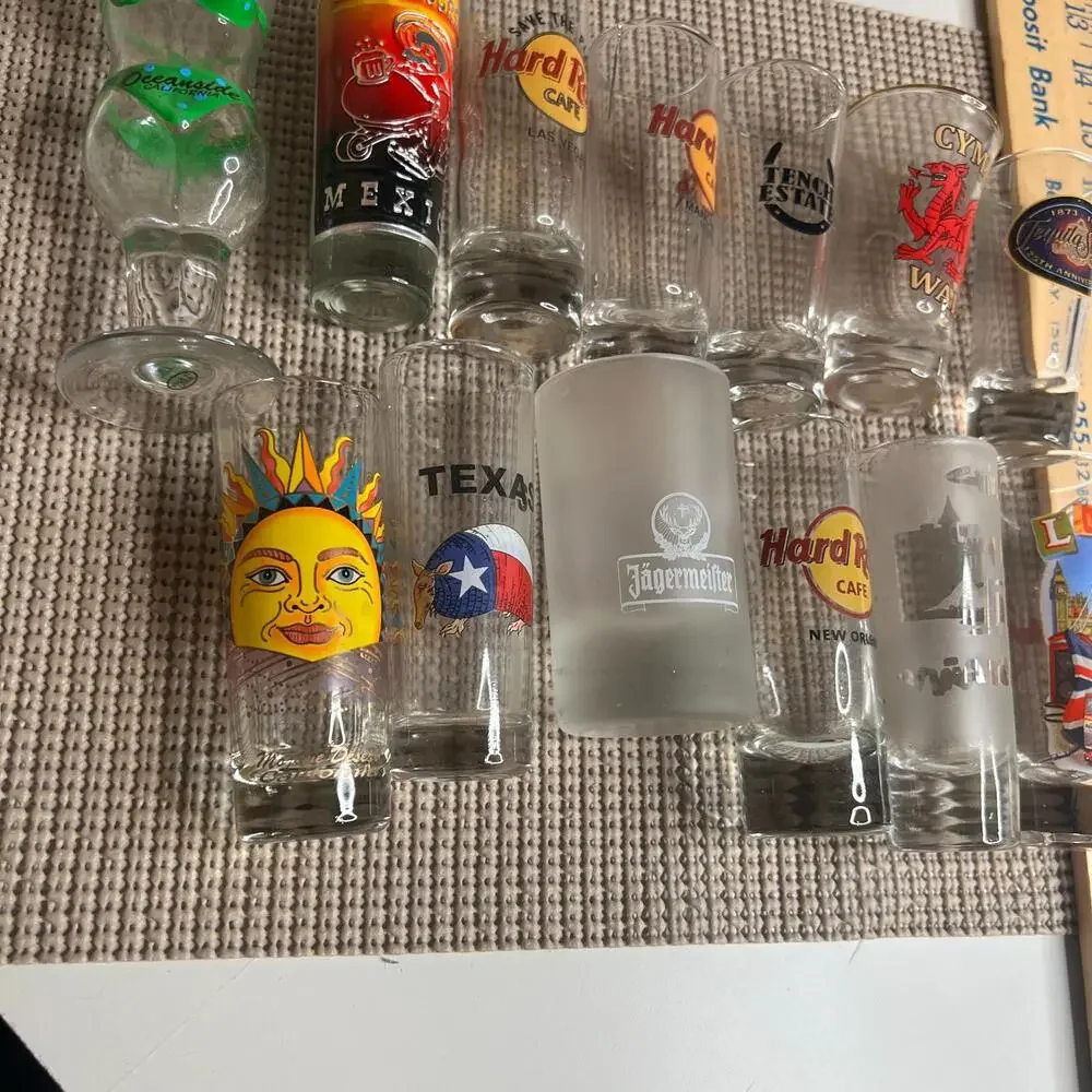 Lot of 13 Souvenir Shot‎ Glasses Hard Rock Cafe London Mexico Wales Jägermeister